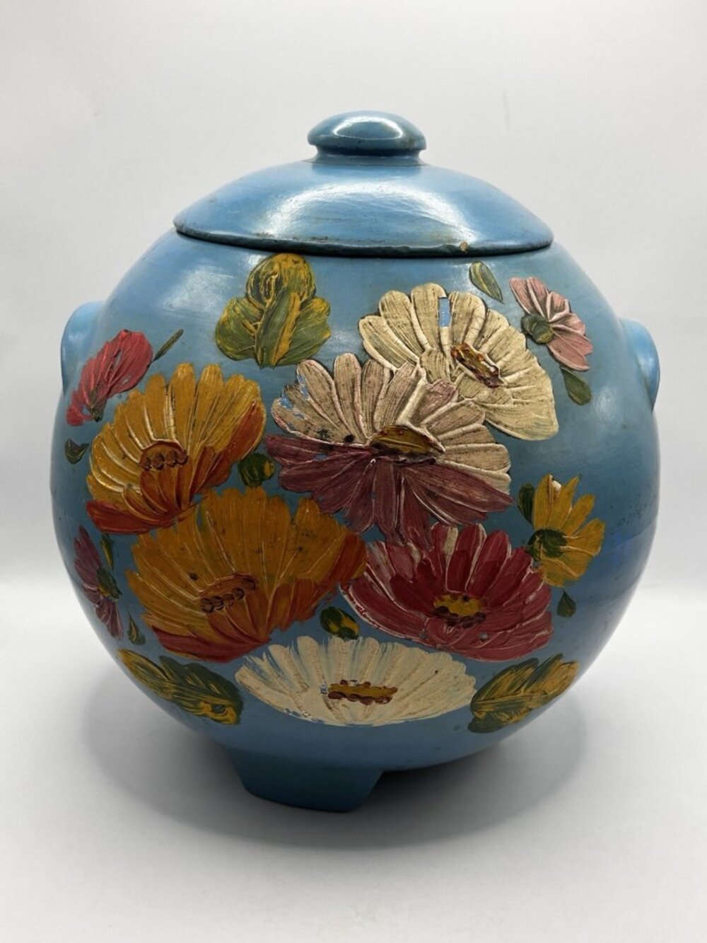 Vtg Ransburg Hand Painted Floral Round Planter/Cookie Jar Blue Cottage Farmhouse